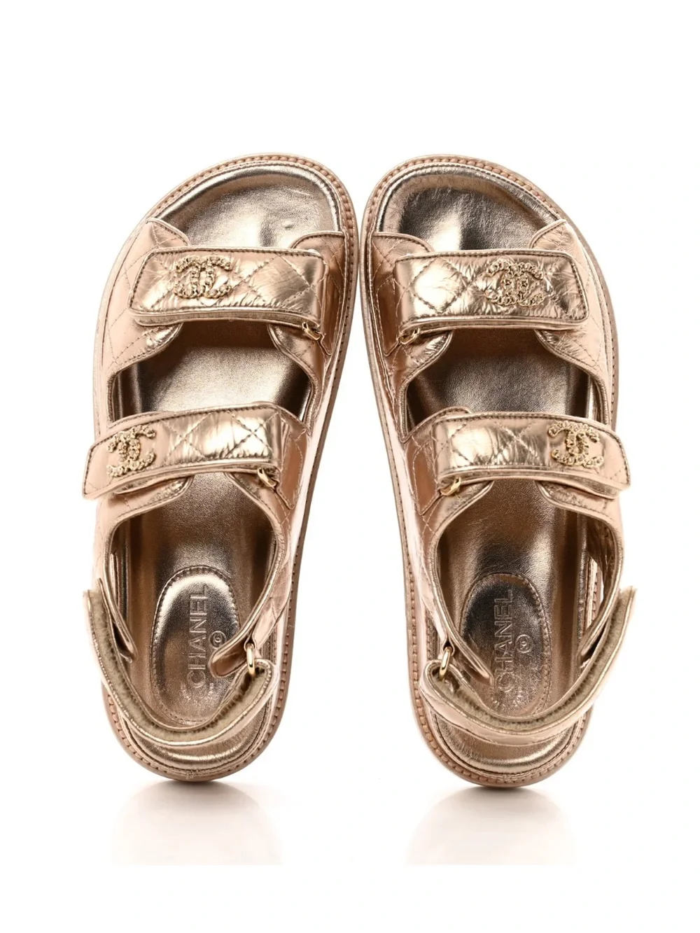 Chanel Iridescent Lambskin Quilted Velcro Dad Sandals in Light Bronze Size 40